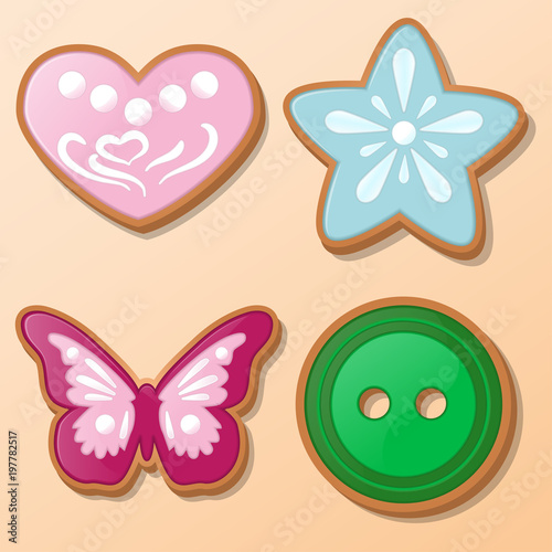 heart, star, butterfly, button in the form of a cookie on a bright background. Vector
