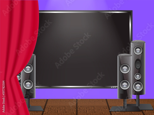 Vector illustration of a concept of home theater. Plasma TV on the wall and audio speakers with red open curtain on the wooden floor.