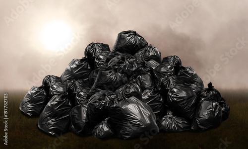 Mountain waste garbage bags plastic black many hill  Pollution from waste  background pollution of environmental damage issues on a foggy dark cloudy scene
