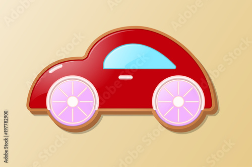 A small baby typewriter in the form of a cookie on a bright background and with orange wheels. Vector