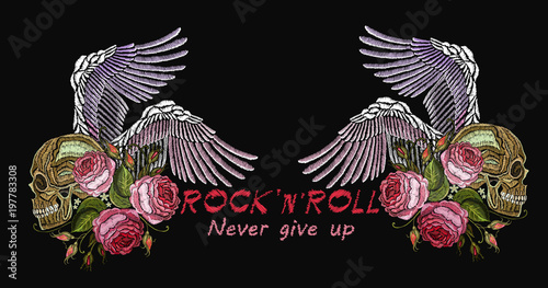 Embroidery music. Rock’n’roll slogan. Human skull, angel wings and roses gothic art background. Fashionable embroidery template vector for ladies, woman t shirt design