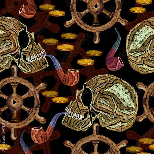 Embroidery skull pirate and steering wheel seamless pattern. Classical embroidery. Old pirate, sea adventures fashion seamless background. Template for clothes, textiles, t-shirt design
