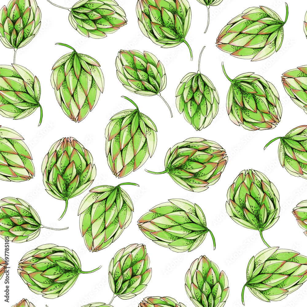 Fototapeta premium Seamless watercolor pattern of blue artichoke on white background
