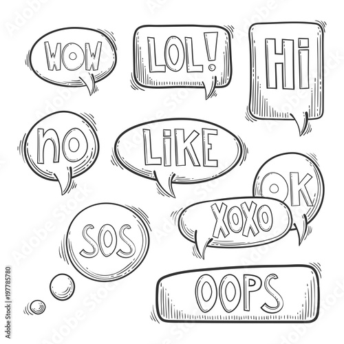 Hand drawn set, doodle speech bubbles with text words - lol, hi, wow, omg, sos, oops, no, yes, huh, ok, like, xoxo. Isolated on white background. Vector image