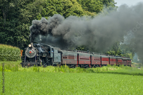 Fototapeta Naklejka Na Ścianę i Meble -  Antique Steam Engine Train with Vintage Passenger Cars