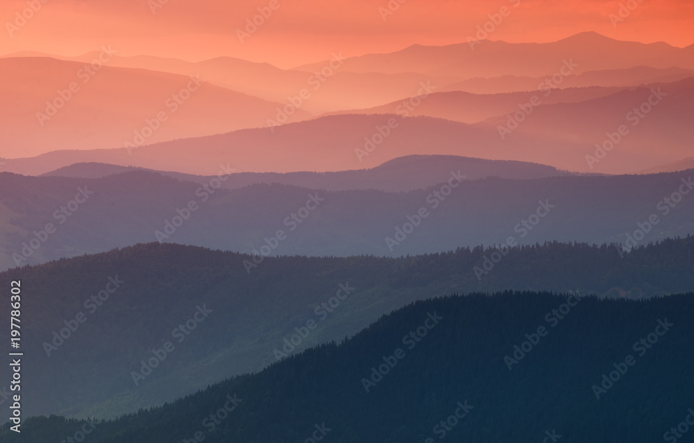 Hills lines during sunrise. Beautiful natural landscape