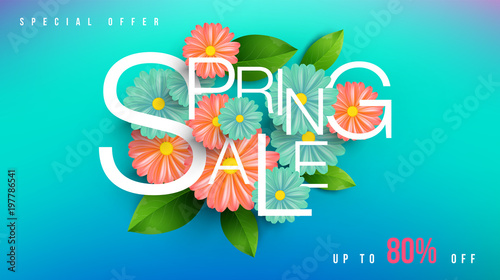 Spring Sale Banner with green leaf and colorful flowers. Vector Design for your greetings card, flyers,  web banner , invitation, posters, brochure, banners, calendar, spring sale.