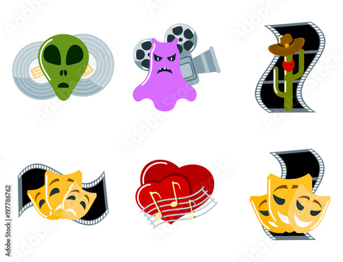 Cinema genre icons set cinematography flat entertainment comedy drama thriller movie production symbol vector illustration.