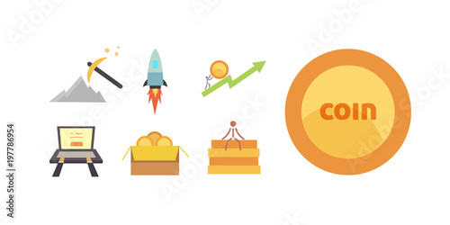 Token ICO vector illustration and blockchain technology icons.