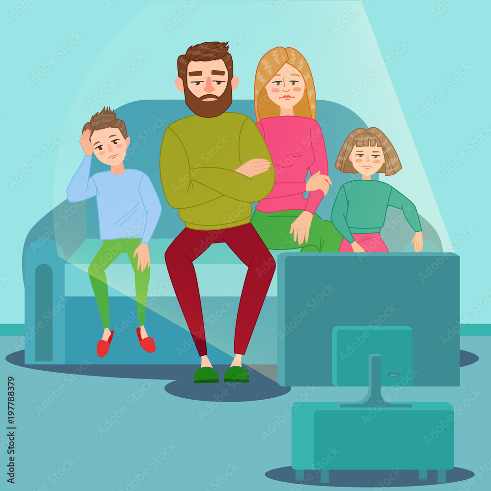 Bored Family Watching TV. Television Addiction. Unhappy Parents with Children Sitting on Sofa behind TV Set. Vector illustration Bored Family Watching TV. Television Addiction. Unhappy Parents with Children Sitting on Sofa behind TV Set. Vector illustration