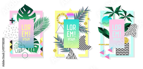 Posters Set with Abstract Geometric Elements and Palm Leaves. Tropical Design Set Memphis Style 80s-90s Fashion for Covers, Placards, Flyers. Vector illustration
