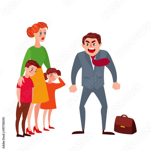 Furious Father Yelling at his Wife and Kids. Family Quarrel Parents Issues. Angry Man Shouting on Children. Vector illustration