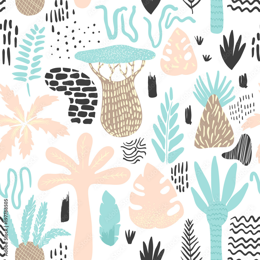 Jungle Tropical Seamless Pattern in Childish Style. Floral Background with Exotic Trees and Abstract Elements. Vector illustration