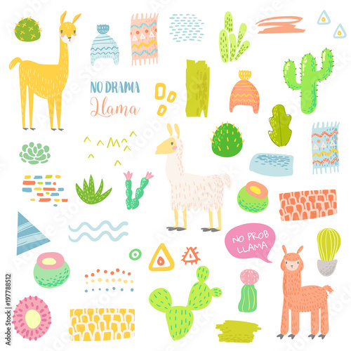 Llamas Childish Elements Set with Cactuses and Alpacas. Hand Drawn Lamas for Fabric Textile, Wrapping Paper, Decoration, Children Invitations. Vector illustration