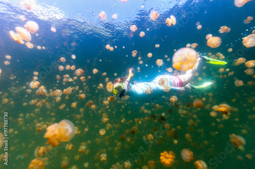 Tourist snorkeling in Jellyfish Lake