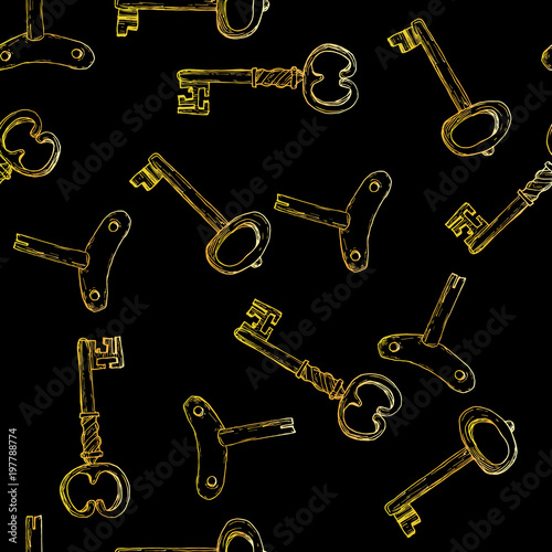 vector seamless pattern with vintage golden keys on black field.