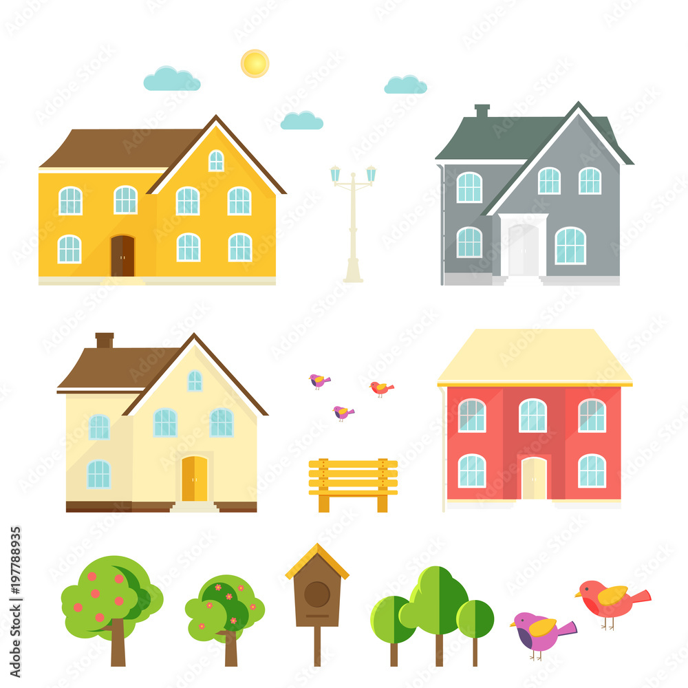 Abstract spring background with cozy home, house, cottage, trees, flowers, bench, birdhouse
