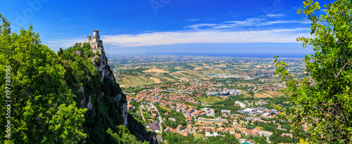 Beautiful Panorama of San Marino and Italy from Monte Titano Mountain. Fortress Guaita is the most famous tower of San Marino.