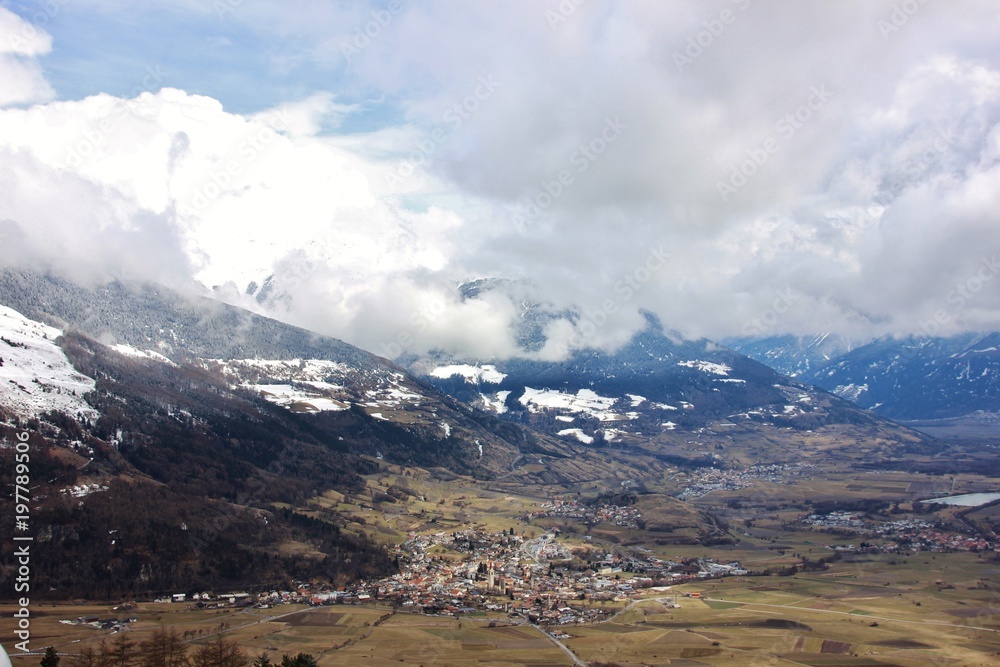 Aerial view of Malles in Val Venosta valley, Italy. South Tyrol, Trentino Alto Adige