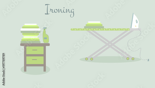 Tools for housekeeping: spray, a table, an iron, a ironing board, the colorful linen. Vector illustration. Ironing