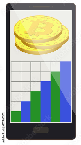 bitcoin coins with growth graph on a phone screen