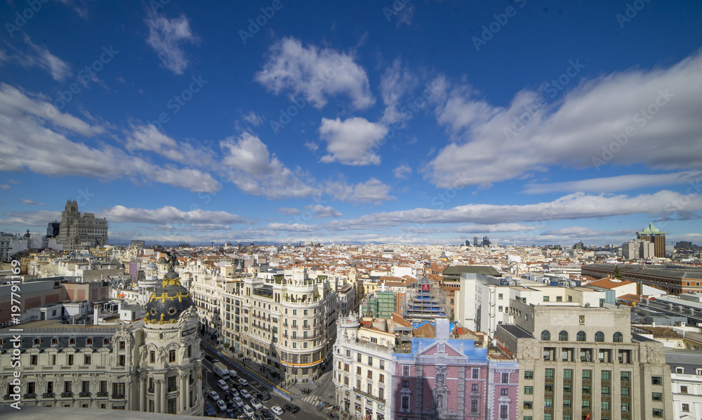 Obraz premium Panoramic aerial view of Gran Via, main shopping street in Madrid, capital of Spain, Europe.