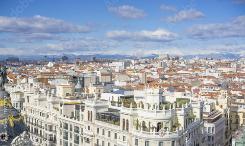 Panoramic aerial view of Gran Via, main shopping street in Madrid, capital of Spain, Europe.