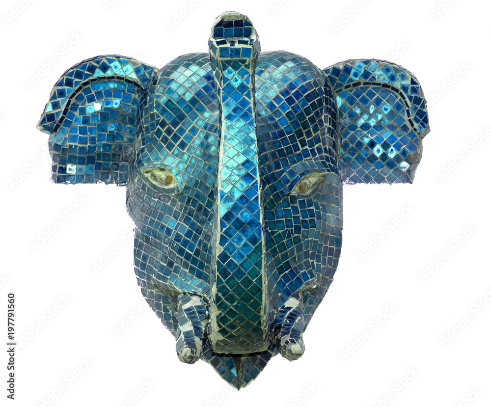Blue elephant head isolated on a white background. The elephant's head looks ahead.