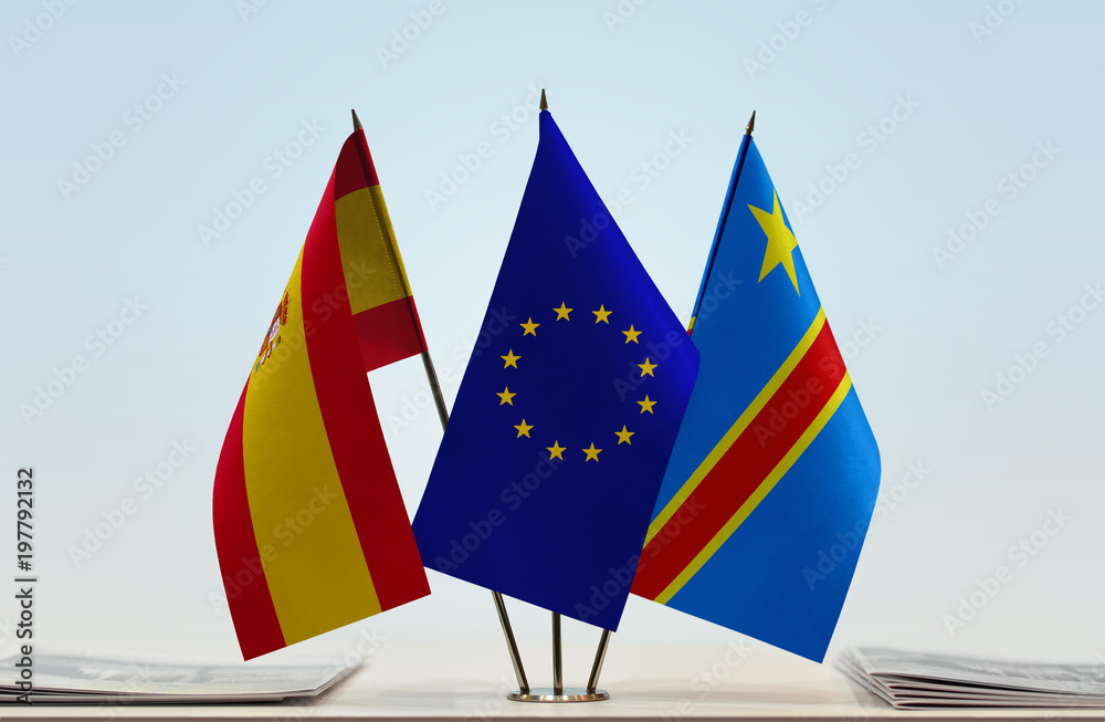  Flags of Spain European Union and Democratic Republic of the Congo (DRC, DROC, Congo-Kinshasa)