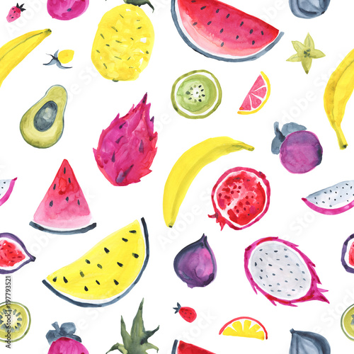 Fototapeta Naklejka Na Ścianę i Meble -  Seamless Tropical pattern of exotic fruit. Hand drawn food design