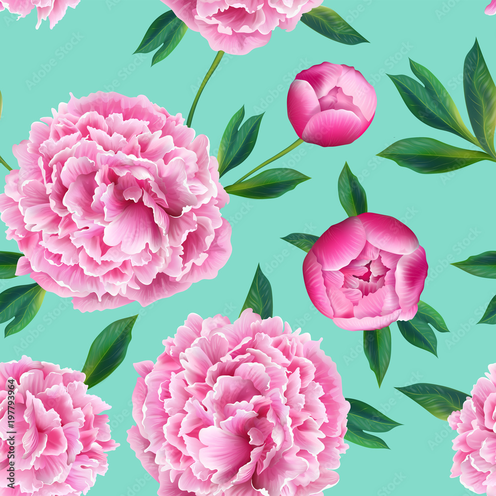 Floral Seamless Pattern with Pink Peony Flowers. Summer Blooming Background for Fabric, Prints, Wedding Decoration, Invitation, Wallpapers. Vector illustration