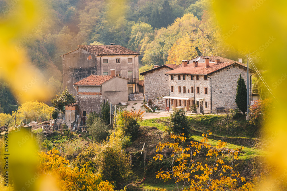 Small village among the green Italian hills.