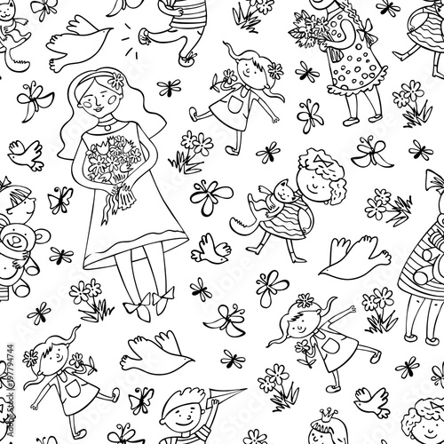 Cute childish seamless pattern. Vector hand drawn graphic illustration.