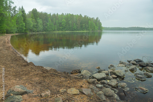 Peaceful picturesque landscape with view on a calm Ruostejärvi lake surrounded by pines with rocks on the beach at foreground in Liesjarvi National park on a summer day in Southern Finland, Europe