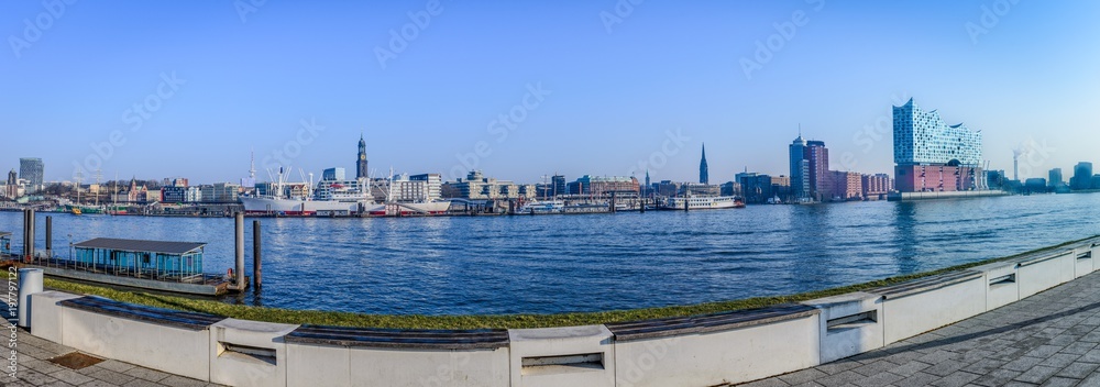 Hamburg panorama with St.Michael and elbphilharmony in nice weather in spring