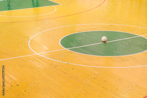 Canvastavla Football or futsal stadium with a bright markup of the playing field and ball in center