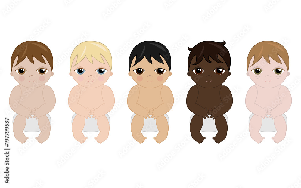 Set of cartoon babies with skin tones, vector Set of cartoon babies with skin tones, vector