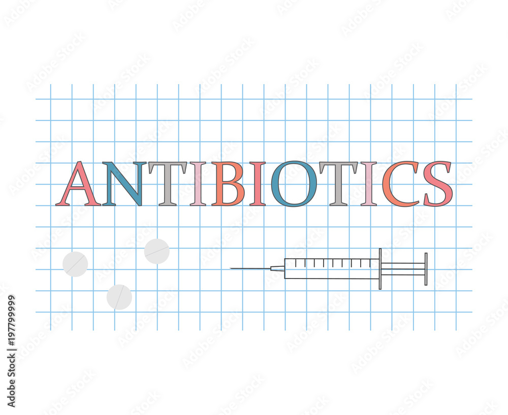 antibiotics word on checkered paper sheet- vector illustration