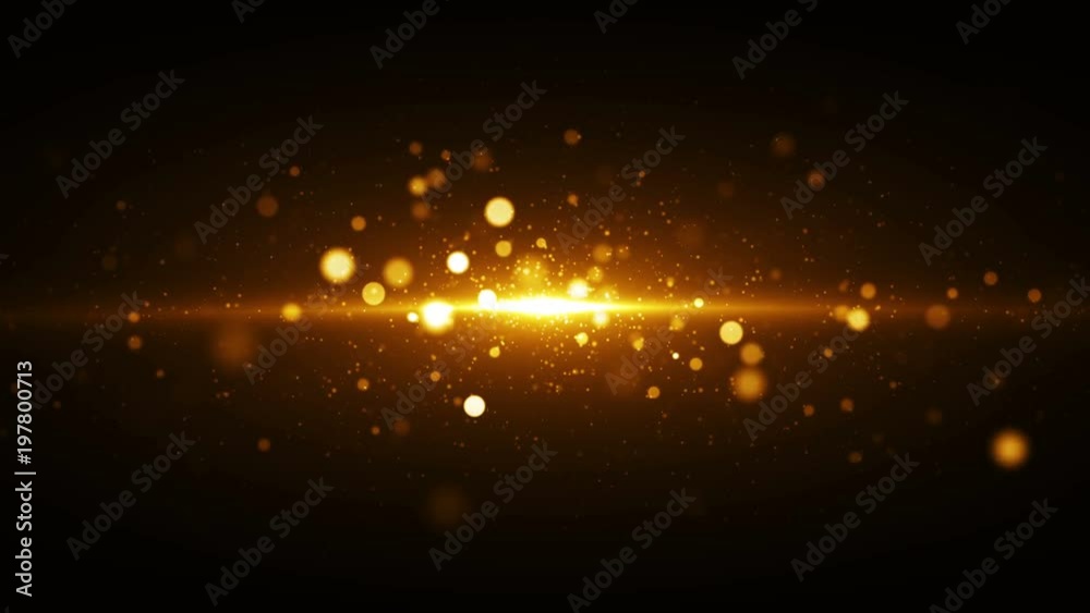 Golden lights background with particles coming from center. Seamless loop gold texture.