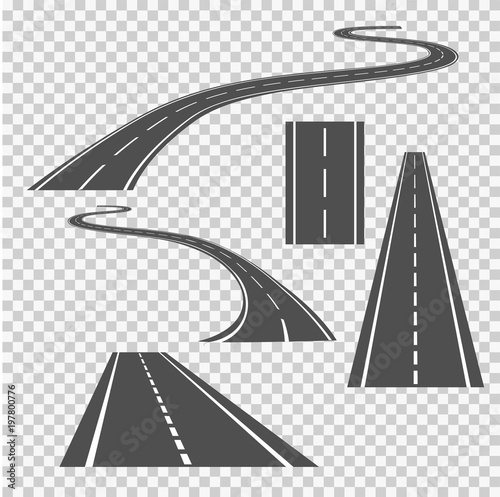 Winding curved road direction or highway with markings.