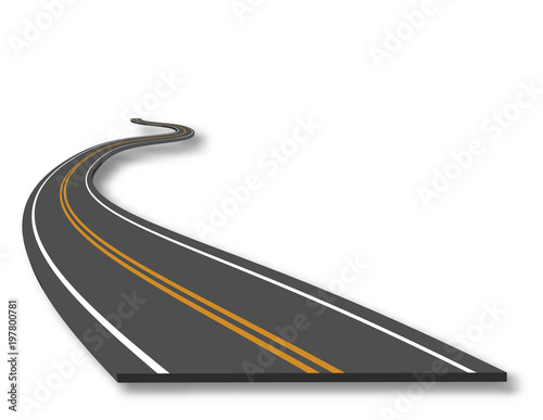 Asphalt road in scale, in perspective isolated on white background.
