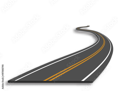 Asphalt road in scale, in perspective isolated on white background.