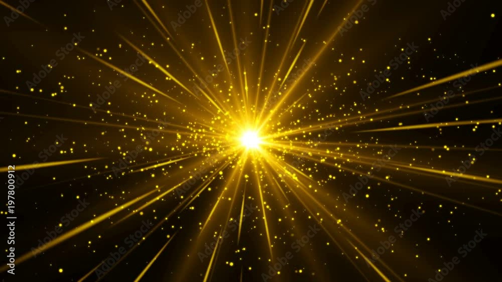 Golden beams of light with particles go from center. Seamless loop abstract background for holiday and celebration. Gold magic sparkles.