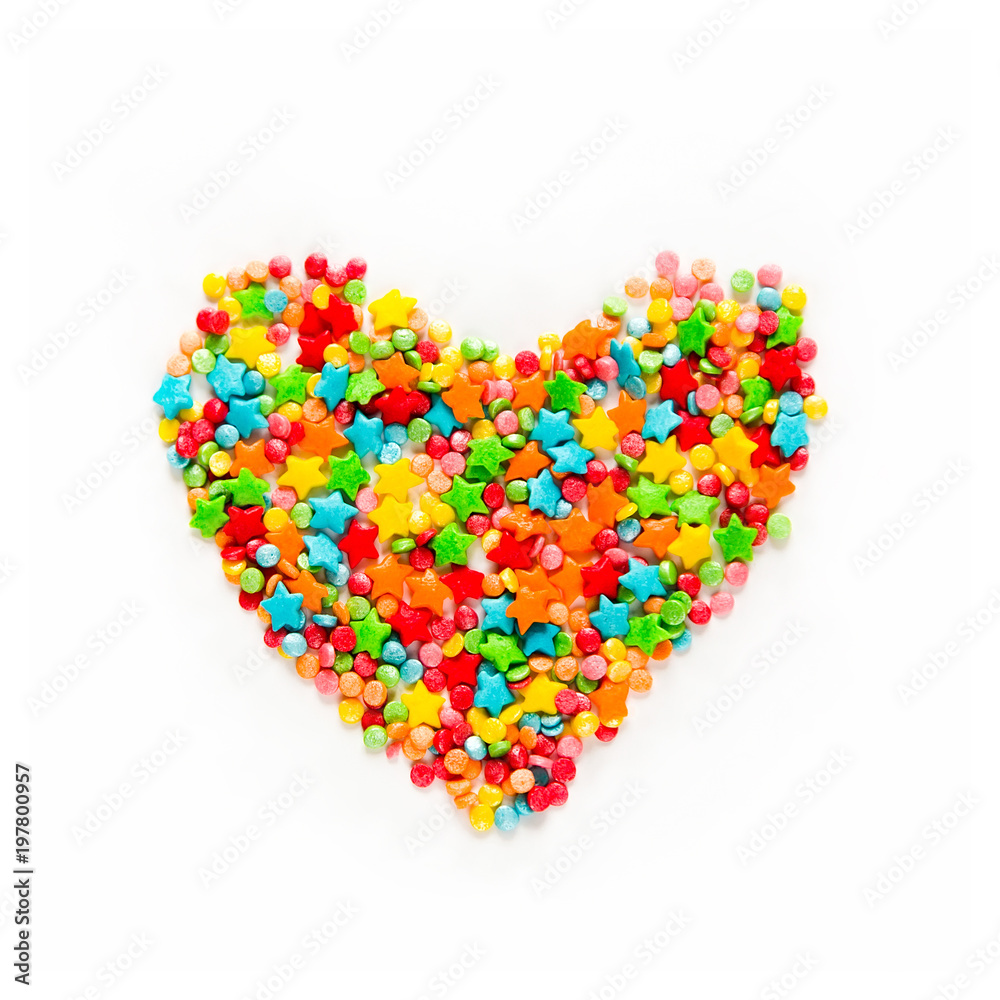 Colorful heart shape of different multicolored sprinkles