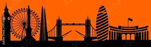 Vector city skyline silhouette - illustration, 
Town in orange background,  
City of London, Great Britain
