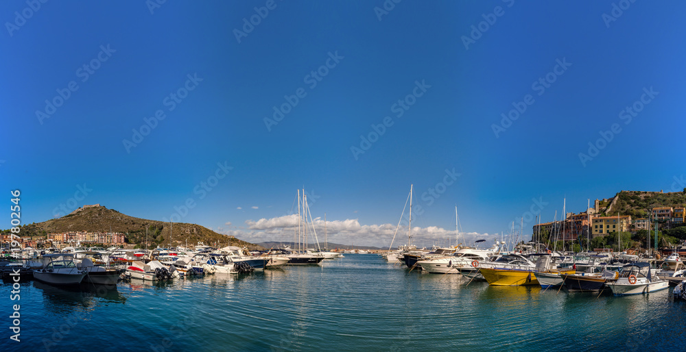 Editorial: 8th October 2017: Porto Ercole, Italy. Landscape seaside harbor panoramic view.