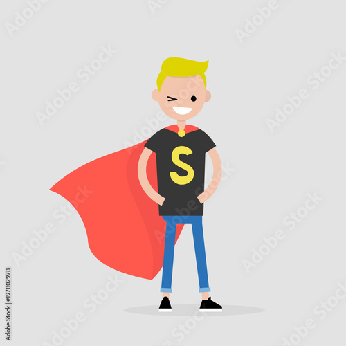Superhero conceptual illustration. Young  character wearing a superhero cape / flat editable vector illustration, clip art