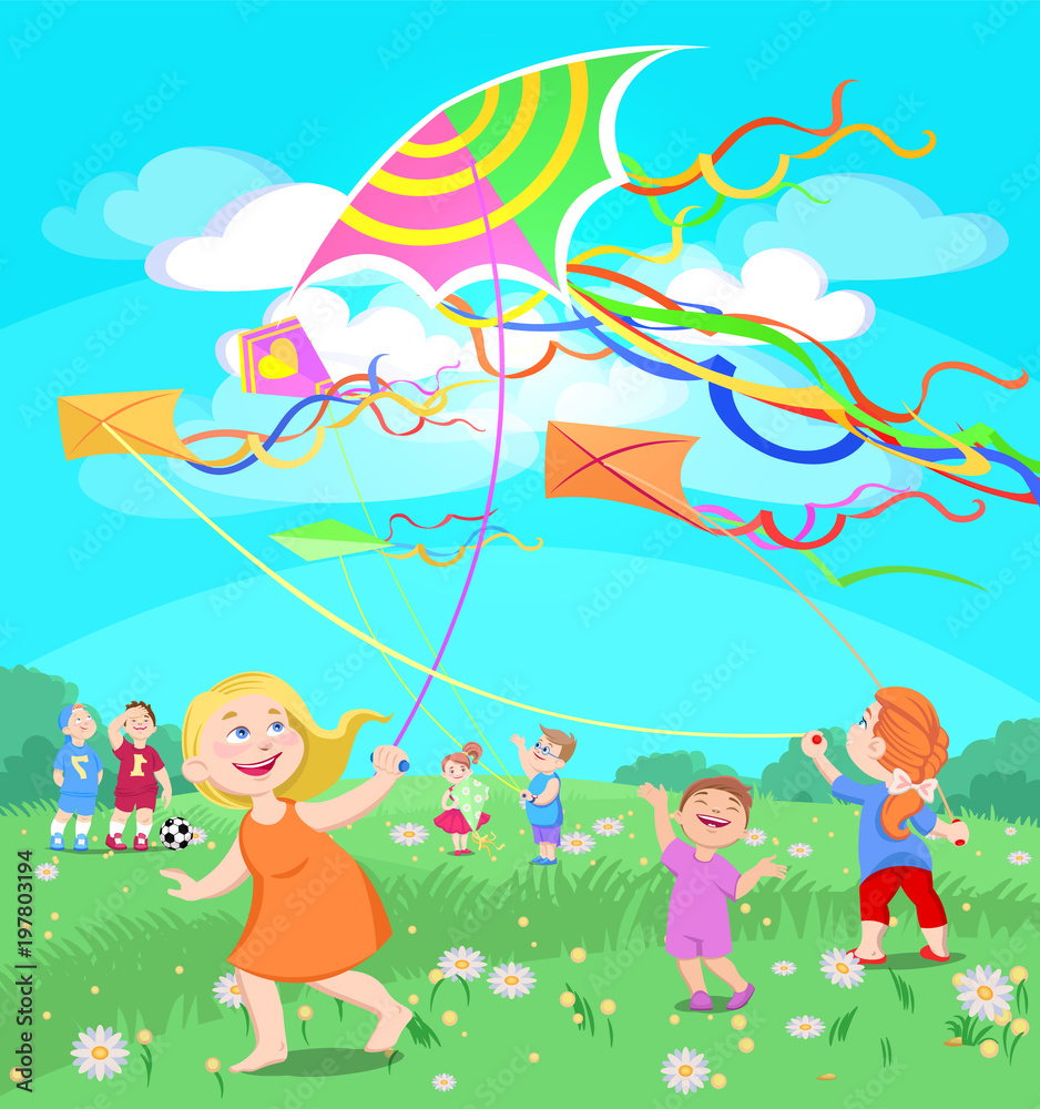doodle children play with kites on a clearing doodle children play with kites on a clearing