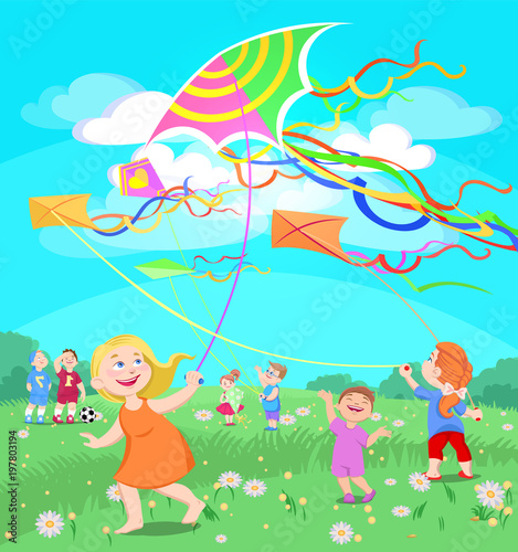 doodle children play with kites on a clearing