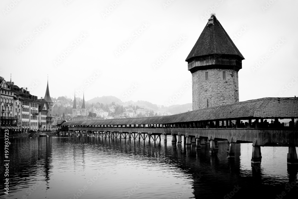 Historic Centre of Lucerne with Kapellbrücke Chapel Bridge & Water Tower, Lucerne, Switzerland Black & White